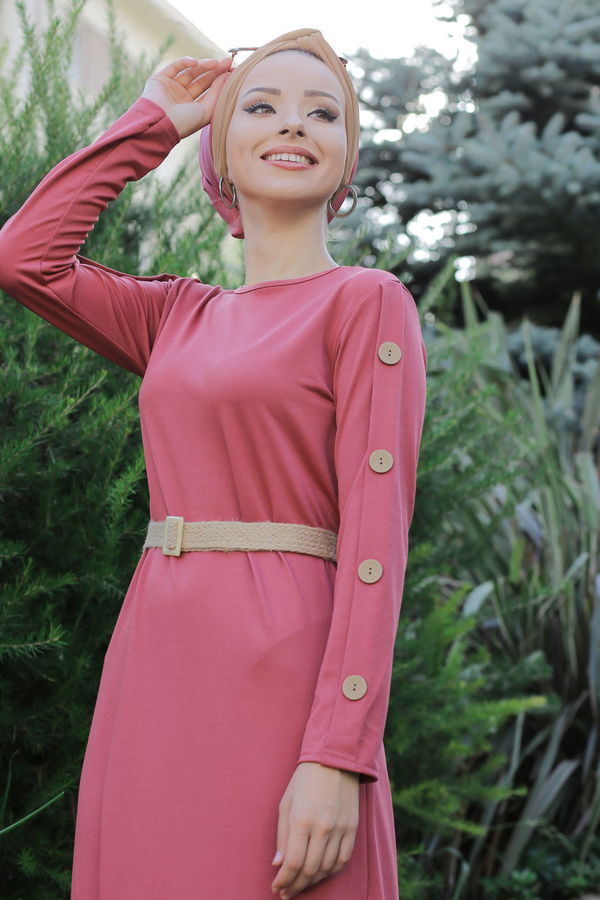 Düz Orta Kadın Pembe Dügme Detey Elbise Kemer Siyah  - 7633 PEMBE