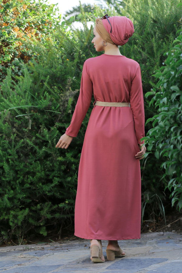 Düz Orta Kadın Pembe Dügme Detey Elbise Kemer Siyah  - 7633 PEMBE