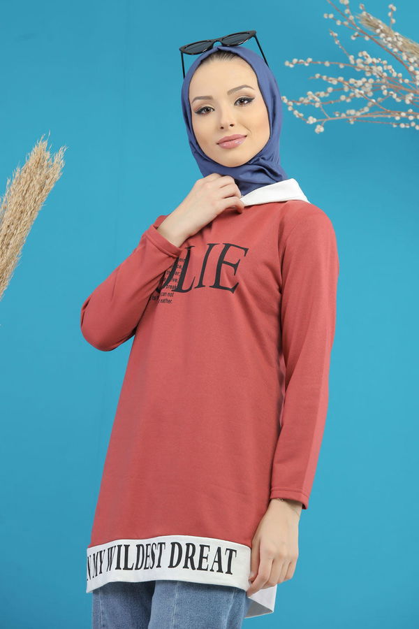 Düz Orta Kadın Pembe Baskılı Tunik Siyah  - 7775