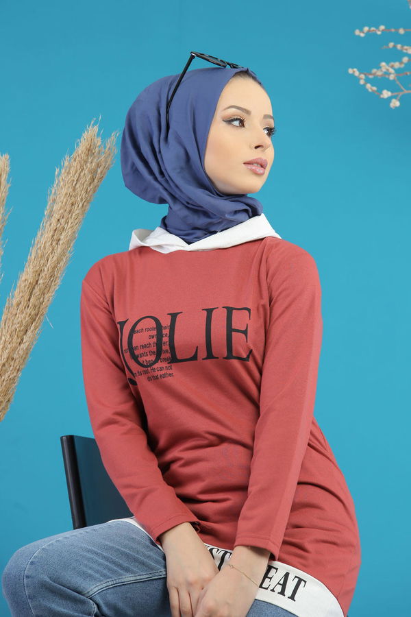 Düz Orta Kadın Pembe Baskılı Tunik Siyah  - 7775
