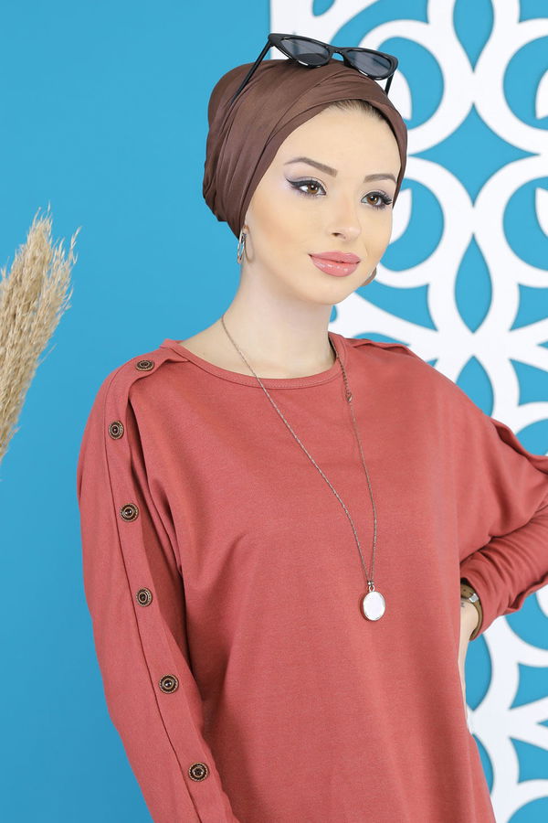Düz Orta Kadın Pembe Dügme Detay Tunik Siyah  - 7790 PEMBE