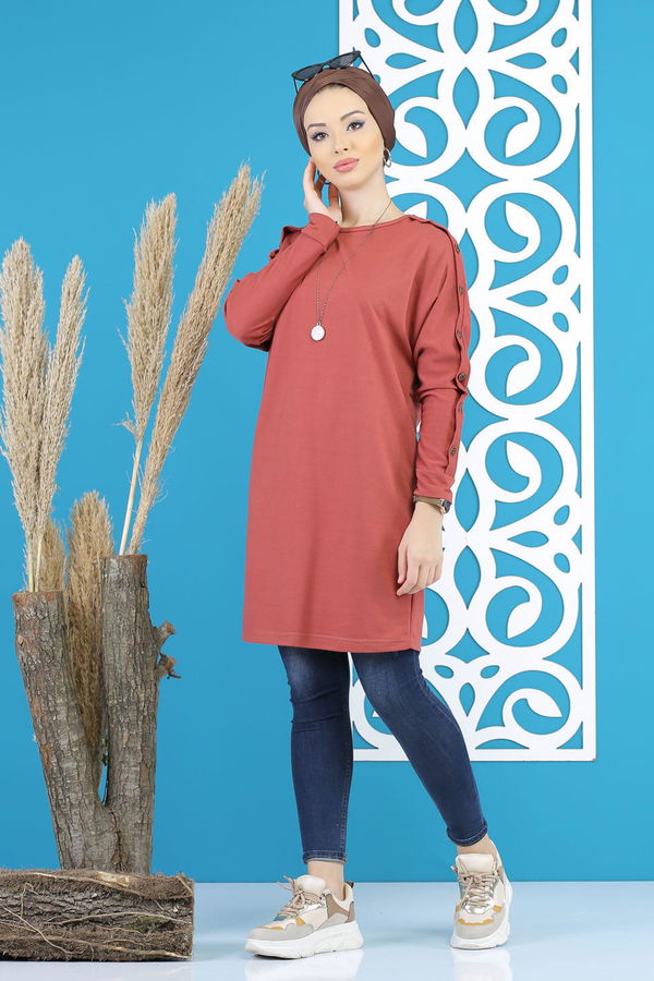 Düz Orta Kadın Pembe Dügme Detay Tunik Siyah  - 7790 PEMBE