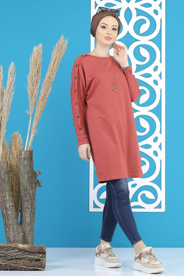Düz Orta Kadın Pembe Dügme Detay Tunik Siyah  - 7790 PEMBE