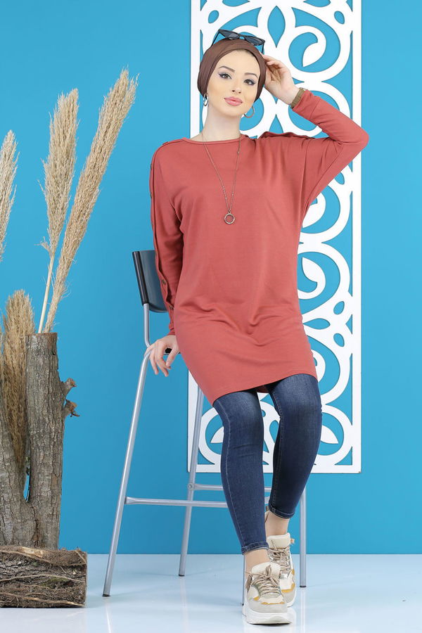 Düz Orta Kadın Pembe Dügme Detay Tunik Siyah  - 7790 PEMBE