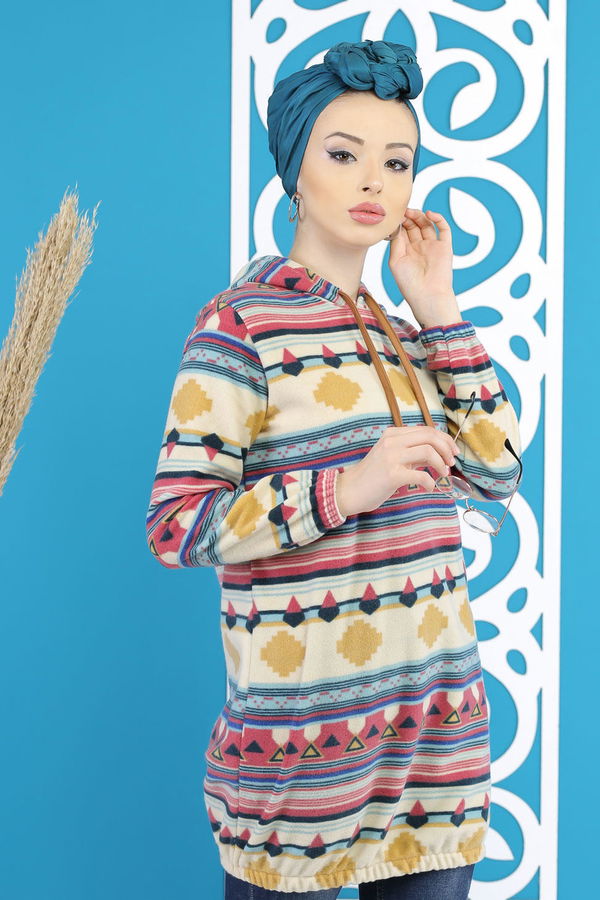 Düz Orta Kadın Pembe Kapşonlu Tunik Gulkurusu  - 7781 PEMBE