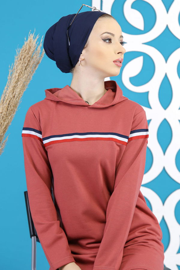 Düz Orta Kadın Pembe Şeritli Tunik Pantolon Siyah  - 7791 PEMBE