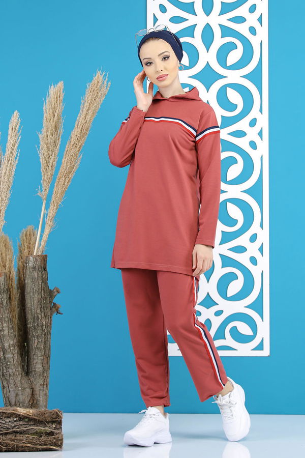 Düz Orta Kadın Pembe Şeritli Tunik Pantolon Siyah  - 7791 PEMBE