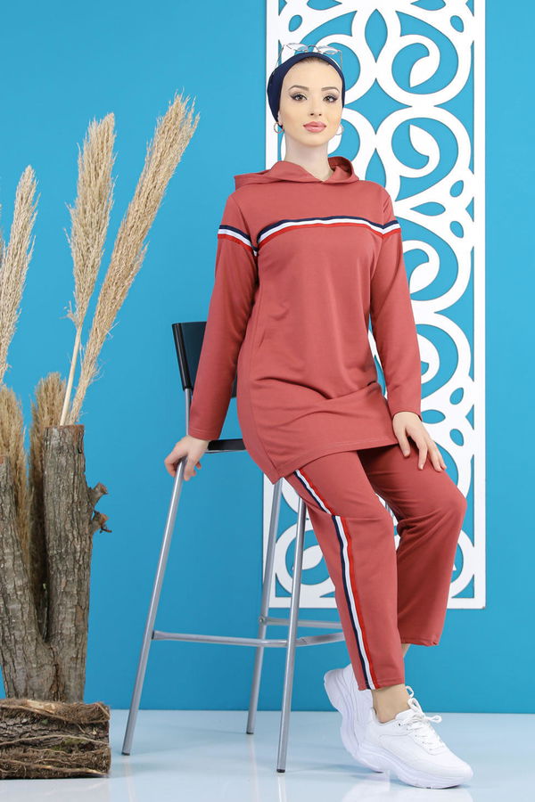 Düz Orta Kadın Pembe Şeritli Tunik Pantolon Siyah  - 7791 PEMBE