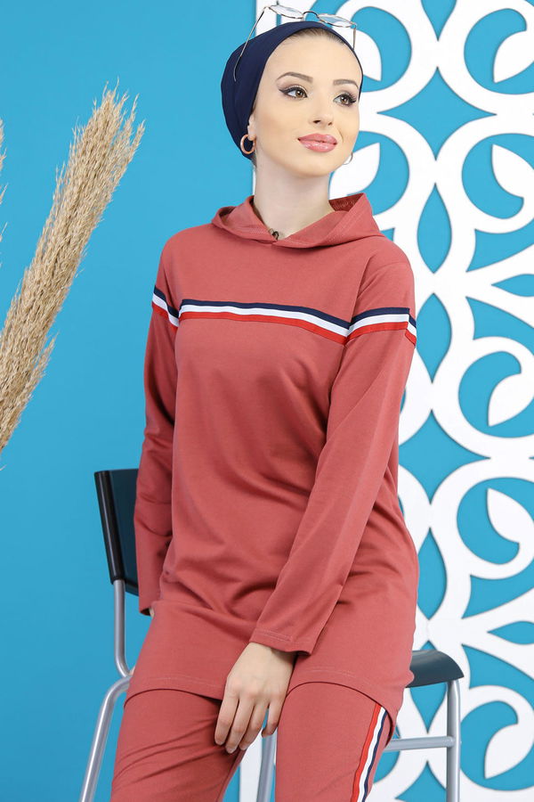 Düz Orta Kadın Pembe Şeritli Tunik Pantolon Siyah  - 7791 PEMBE