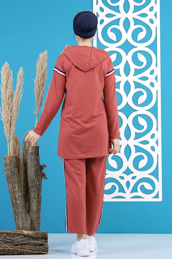 Düz Orta Kadın Pembe Şeritli Tunik Pantolon Siyah  - 7791 PEMBE