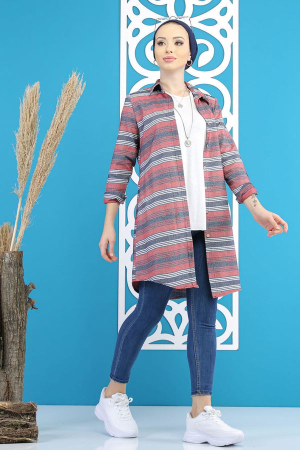 Düz Orta Kadın Pembe Yan Çizgili Tunik Antr.Gulkurusu  - 7782 PEMBE