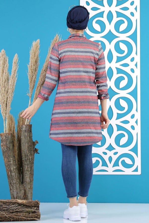 Düz Orta Kadın Pembe Yan Çizgili Tunik Antr.Gulkurusu  - 7782 PEMBE