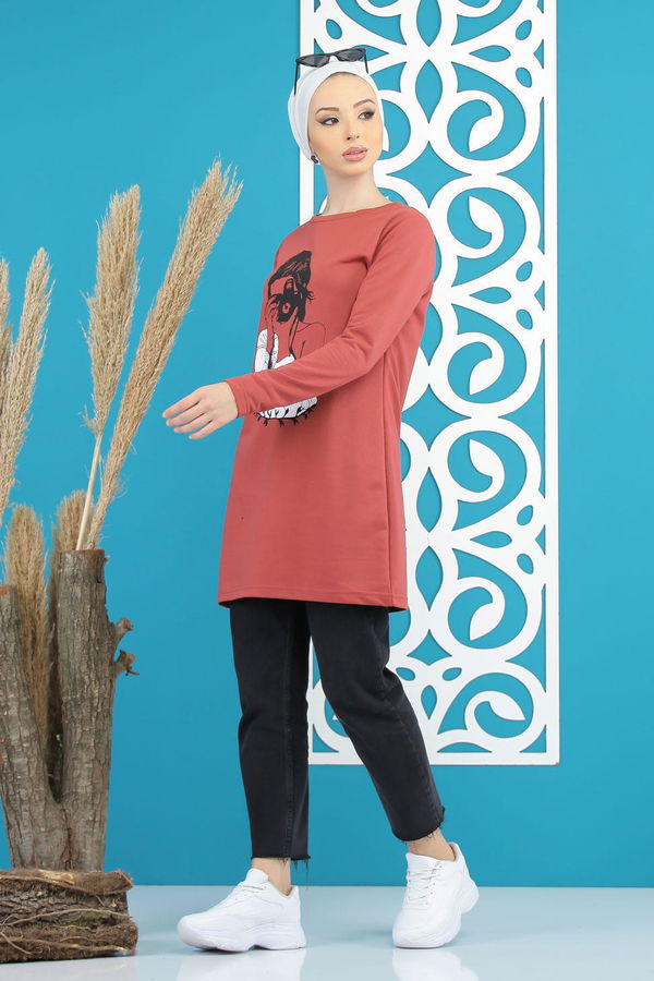 Düz Orta Kadın Pembe Kız Baskılı Tunik   - 7824 PEMBE