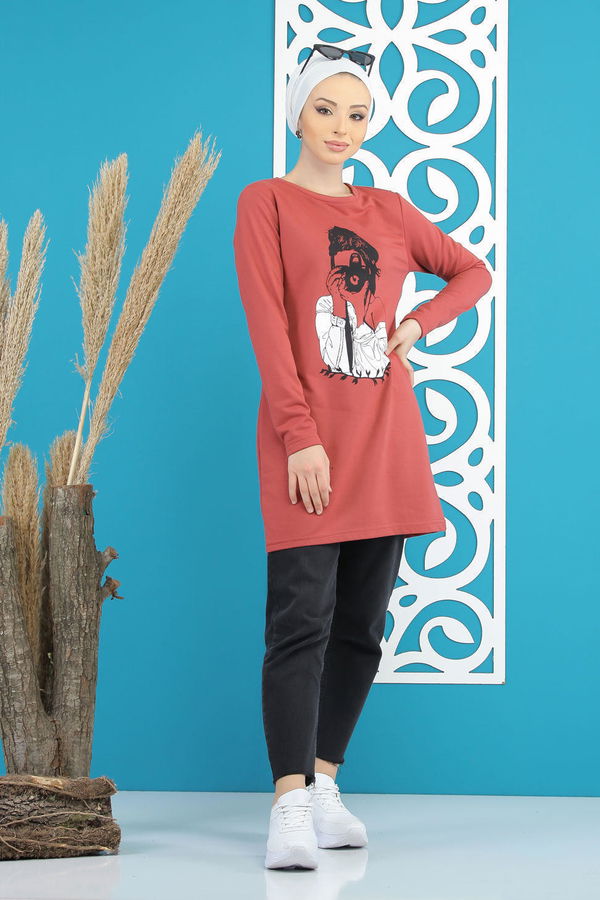 Düz Orta Kadın Pembe Kız Baskılı Tunik   - 7824 PEMBE