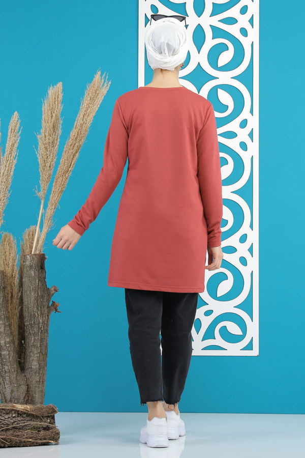 Düz Orta Kadın Pembe Kız Baskılı Tunik   - 7824 PEMBE