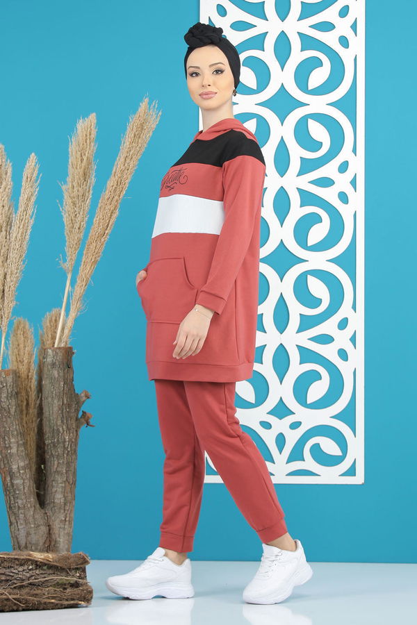 Düz Orta Kadın Pembe Tunik Pantolon Haki  - 7808 PEMBE