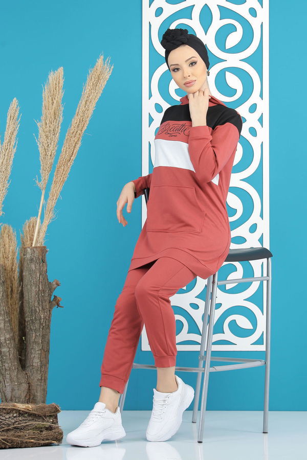 Düz Orta Kadın Pembe Tunik Pantolon Haki  - 7808 PEMBE