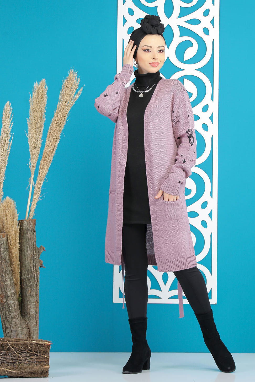 Düz Orta Kadın Pembe Kuşaklı Hırka Siyah  - 7870