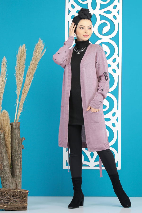 Düz Orta Kadın Pembe Kuşaklı Hırka Siyah  - 7870
