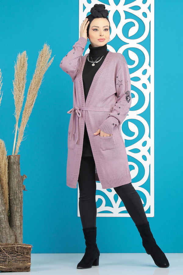 Düz Orta Kadın Pembe Kuşaklı Hırka Siyah  - 7870