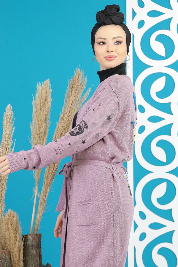 Düz Orta Kadın Pembe Kuşaklı Hırka Siyah  - 7870