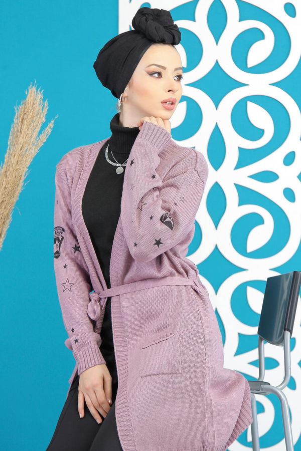 Düz Orta Kadın Pembe Kuşaklı Hırka Siyah  - 7870