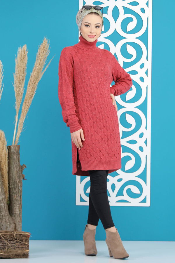 Düz Orta Kadın Pembe Triko Tunik Siyah  - 7876