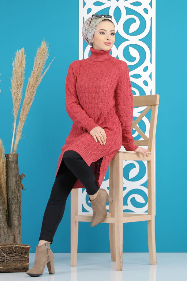 Düz Orta Kadın Pembe Triko Tunik Siyah  - 7876