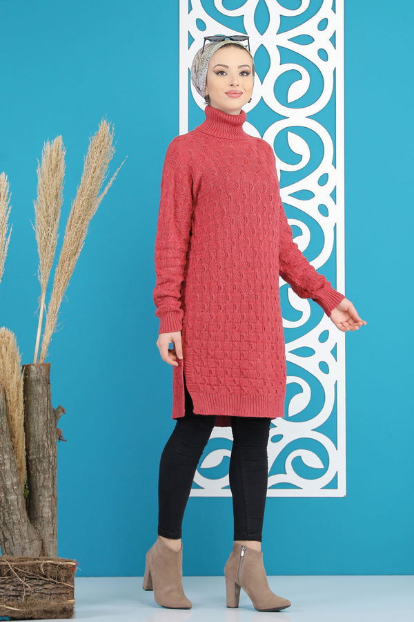 Düz Orta Kadın Pembe Triko Tunik Siyah  - 7876