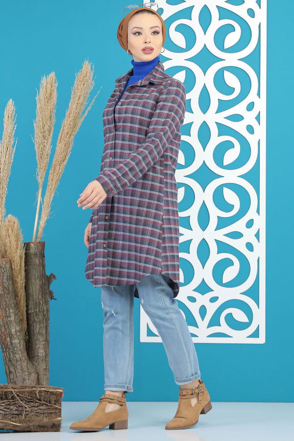 Düz Orta Kadın Pembe Ekose Tunik Haki  - 7892