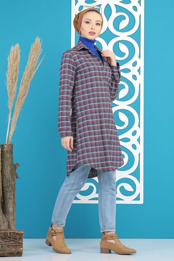 Düz Orta Kadın Pembe Ekose Tunik Haki  - 7892