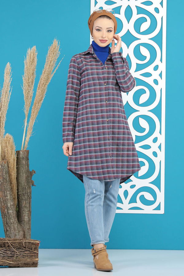 Düz Orta Kadın Pembe Ekose Tunik Haki  - 7892