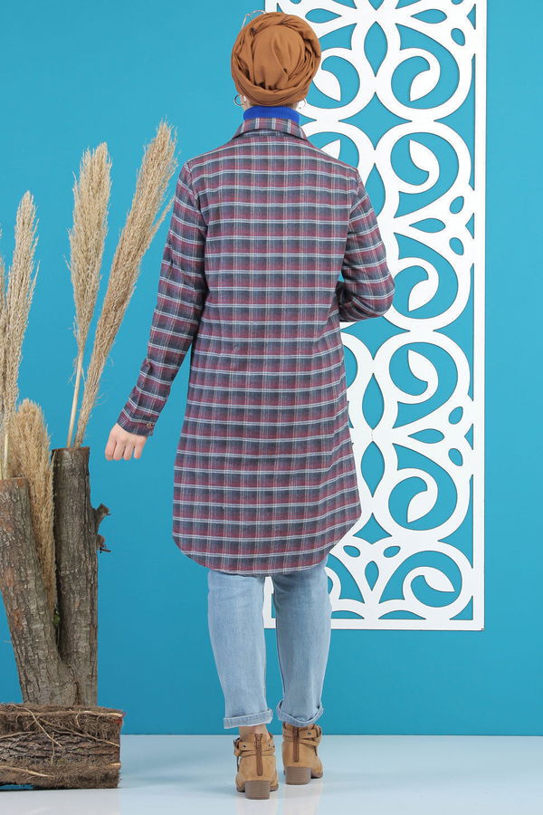 Düz Orta Kadın Pembe Ekose Tunik Haki  - 7892