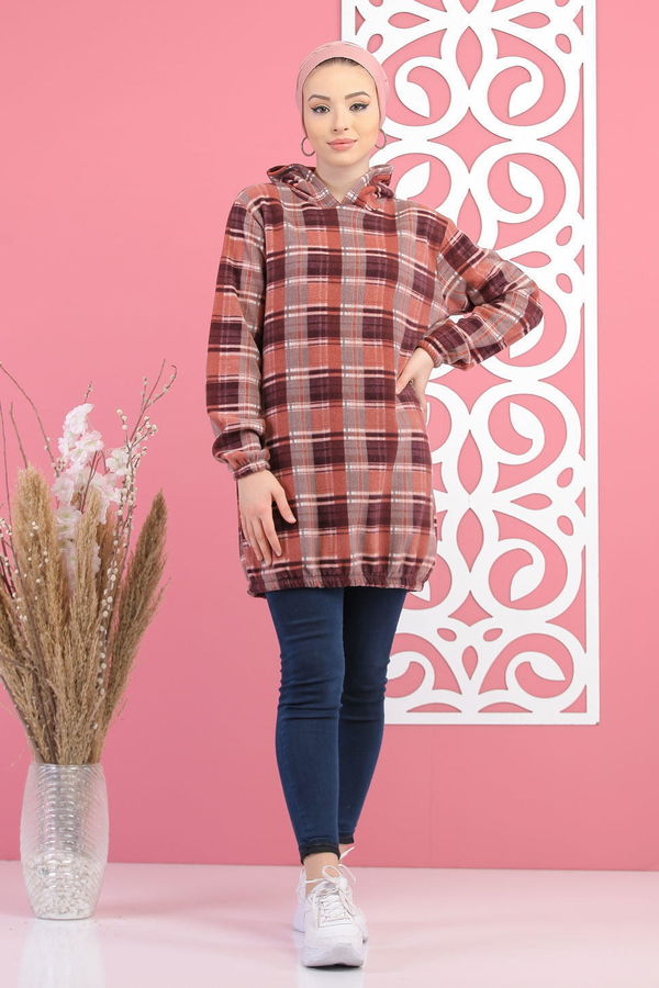 Düz Orta Kadın Pembe Kapşonlu Polar Tunik Lacivert  - 7880