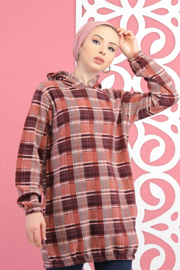 Düz Orta Kadın Pembe Kapşonlu Polar Tunik Lacivert  - 7880
