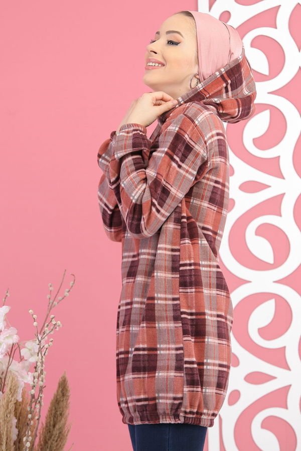 Düz Orta Kadın Pembe Kapşonlu Polar Tunik Lacivert  - 7880