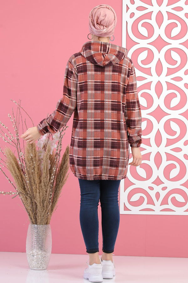 Düz Orta Kadın Pembe Kapşonlu Polar Tunik Lacivert  - 7880