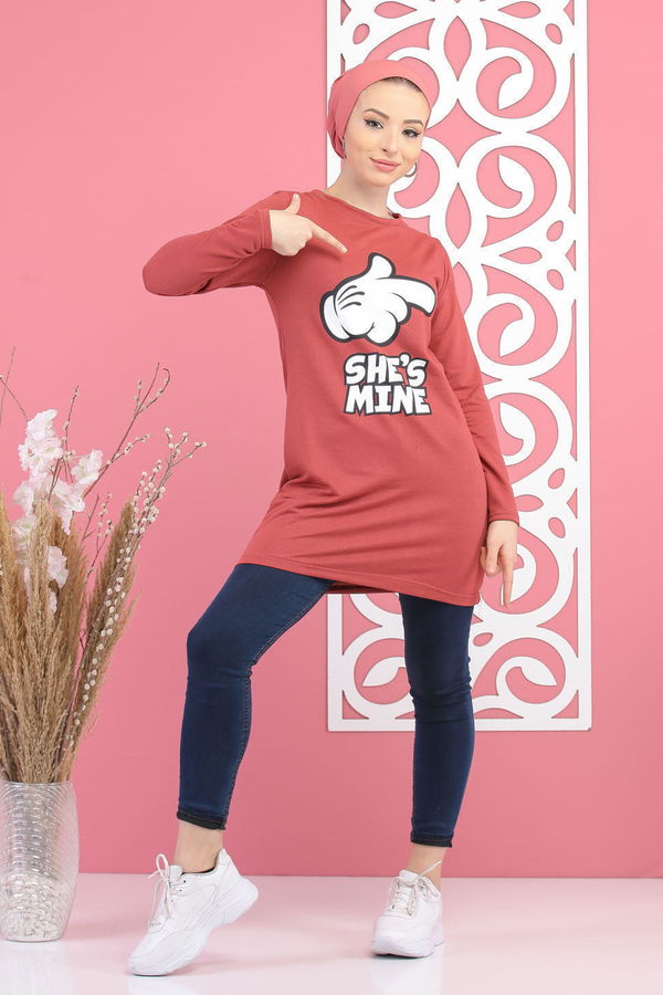Düz Orta Kadın Pembe Baskılı Tunik Siyah  - 7681 PEMBE