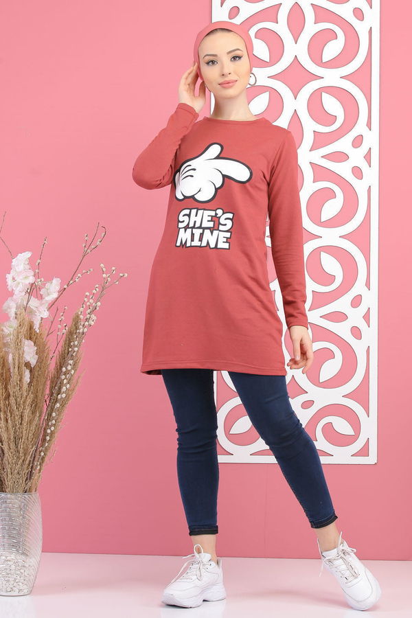 Düz Orta Kadın Pembe Baskılı Tunik Siyah  - 7681 PEMBE