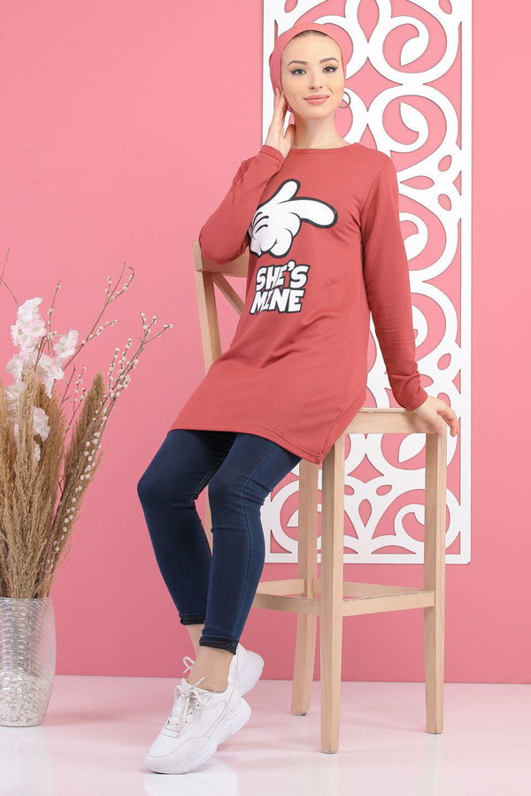 Düz Orta Kadın Pembe Baskılı Tunik Siyah  - 7681 PEMBE