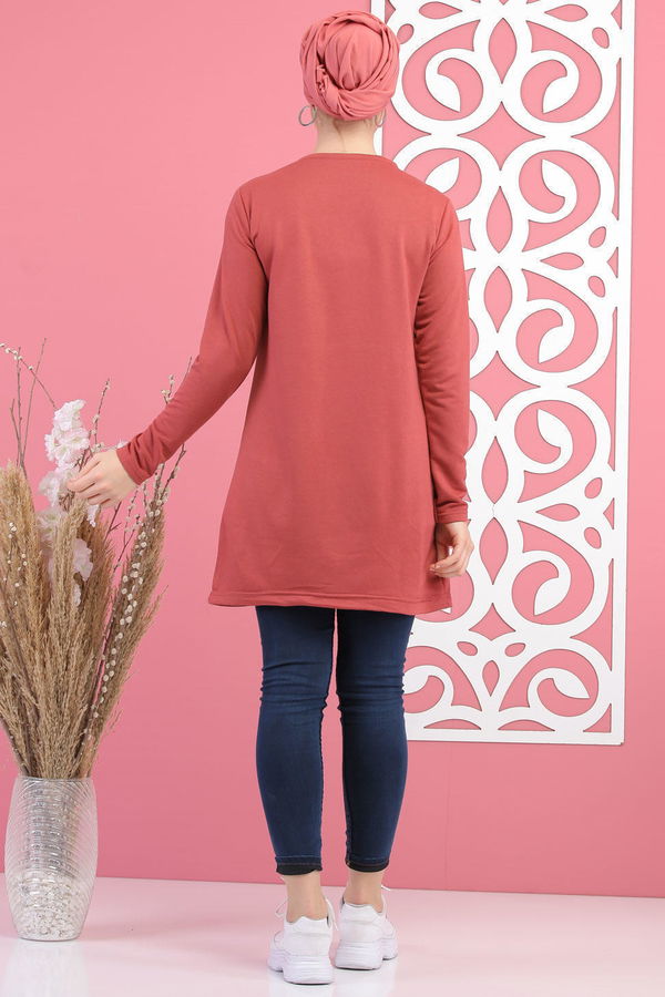 Düz Orta Kadın Pembe Baskılı Tunik Siyah  - 7681 PEMBE