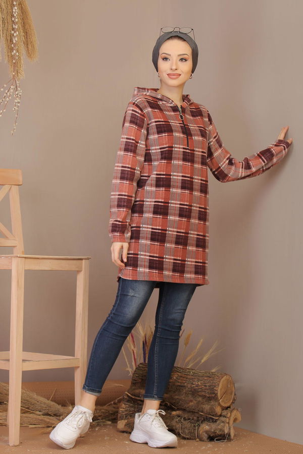 Düz Orta Kadın Pembe Yarım Fermuar Polar Tunik Lacivert  - 7898 PEMBE