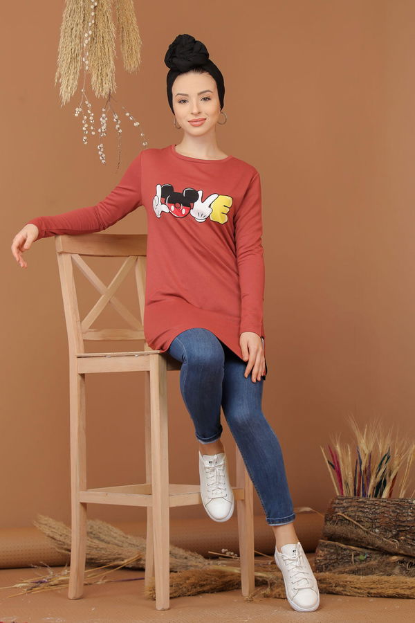 Düz Orta Kadın Pembe Baskılı Tunik Bordo  - 7944 PEMBE
