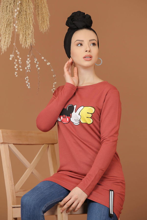 Düz Orta Kadın Pembe Baskılı Tunik Bordo  - 7944 PEMBE