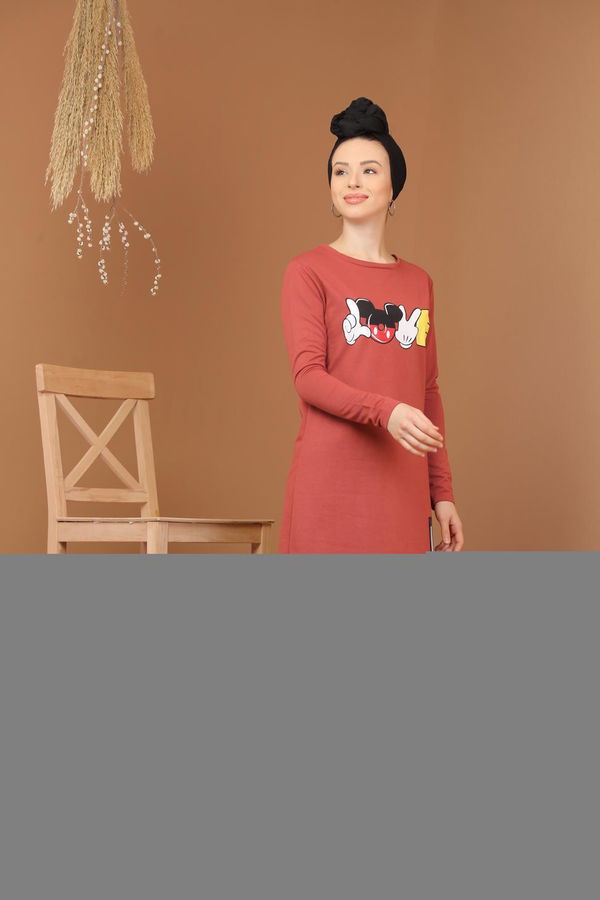 Düz Orta Kadın Pembe Baskılı Tunik Bordo  - 7944 PEMBE