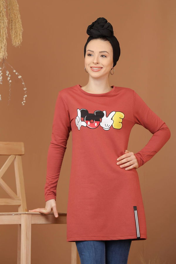 Düz Orta Kadın Pembe Baskılı Tunik Bordo  - 7944 PEMBE