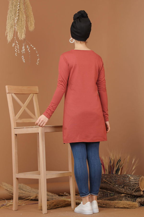 Düz Orta Kadın Pembe Baskılı Tunik Bordo  - 7944 PEMBE