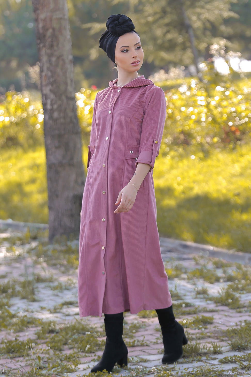 Düz Orta Kadın Pembe Kadife Kap Siyah  - 1317