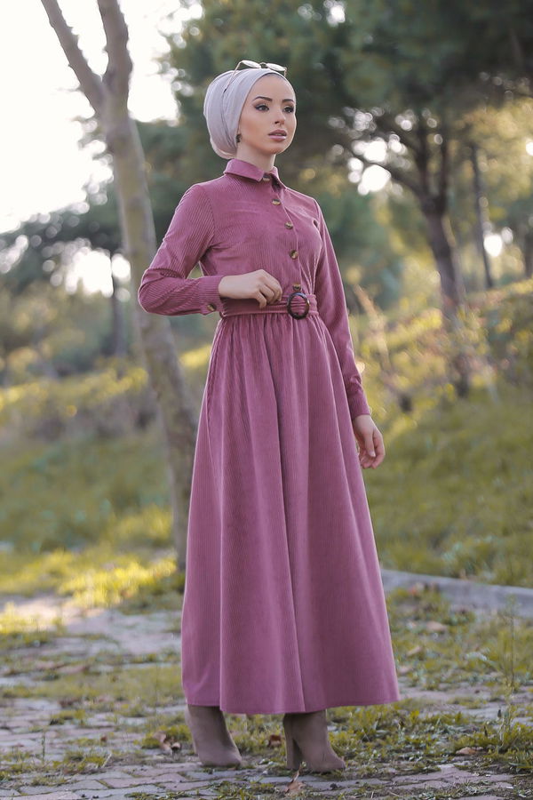 Düz Orta Kadın Pembe Kadife Elbise Kemer Siyah  - 1319 PEMBE