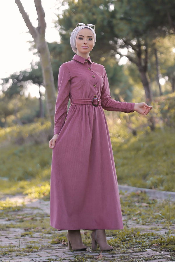 Düz Orta Kadın Pembe Kadife Elbise Kemer Siyah  - 1319 PEMBE